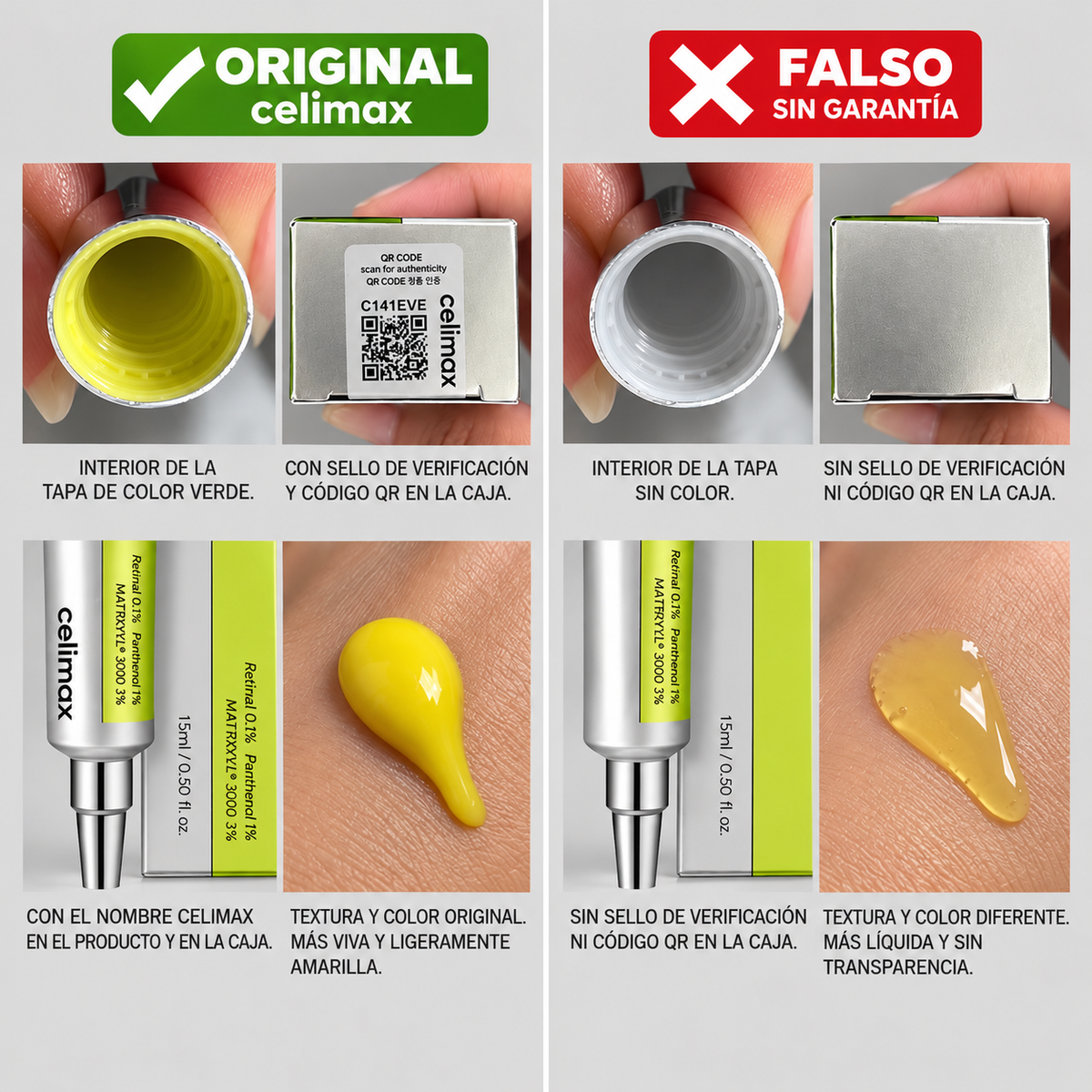 Comparativa entre un celimax original y una falsificación